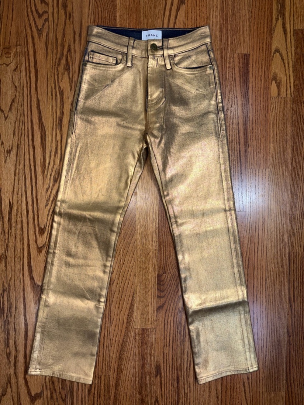 FRAME Le High Straight Gold Metallic Cropped High-rise Straight - Picture 2 of 11